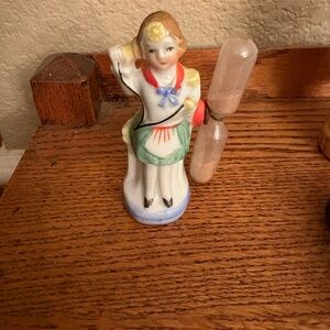 Vintage Figural 3 inch Porcelain Girl on phone, sand or egg-timer. Japan